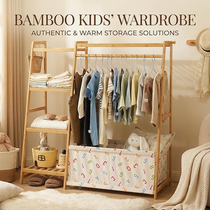 Kids Clothing Rack- Toddler Dress Up Rack with 5-Tier Open Shelves & Storage Bag, Baby Clothes Rack Small, Bamboo Garment Rack & Free Standing Clothes Rack, Mini Clothing Rack for Playroom