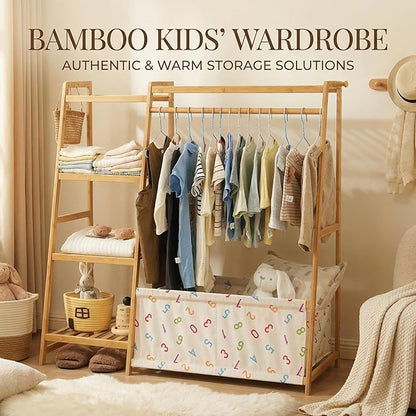 Kids Clothing Rack- Toddler Dress Up Rack with 5-Tier Open Shelves & Storage Bag, Baby Clothes Rack Small, Bamboo Garment Rack & Free Standing Clothes Rack, Mini Clothing Rack for Playroom