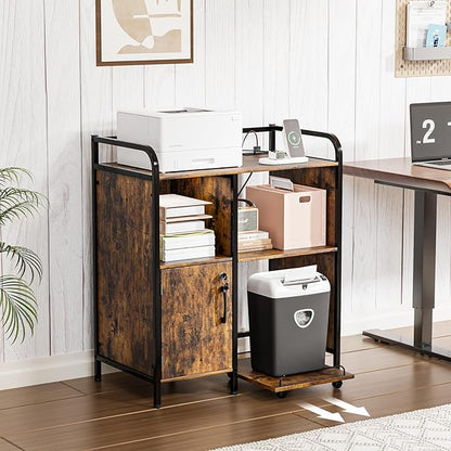 VINGLI Multifunctional Printer Stand with Trolley, Paper Shredder Stand Rack with Wheels, Lateral Office Storage Cabinets with Socket and USB Charging Port, Open Shelves for Home Office (Rustic Brown)