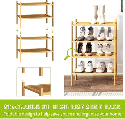BMOSU 2-Tier Bamboo Small Shoe Rack Premium Stackable Shoe Shelf Storage Organizer for Hallway Closet Living Room Entryway Organizer(Natural)