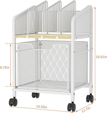 Rolling File Cabinet with Adjustable Dividers, Mobile Filing Cabinet with Storage Drawer on Lockable Wheels, Hanging File Organizer Beside Under Desk for Office, Home, White（Patent Pending）