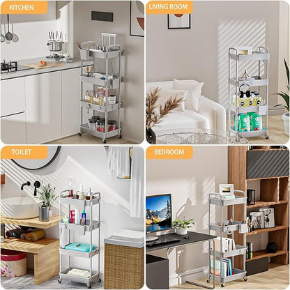 4 Tier Rolling Utility Cart with Handle,REBECAT Utility Cart Made of Multifunctional Storage Organizer Tool for Kitchen,Bathroom,Living Room,Office(Gray)