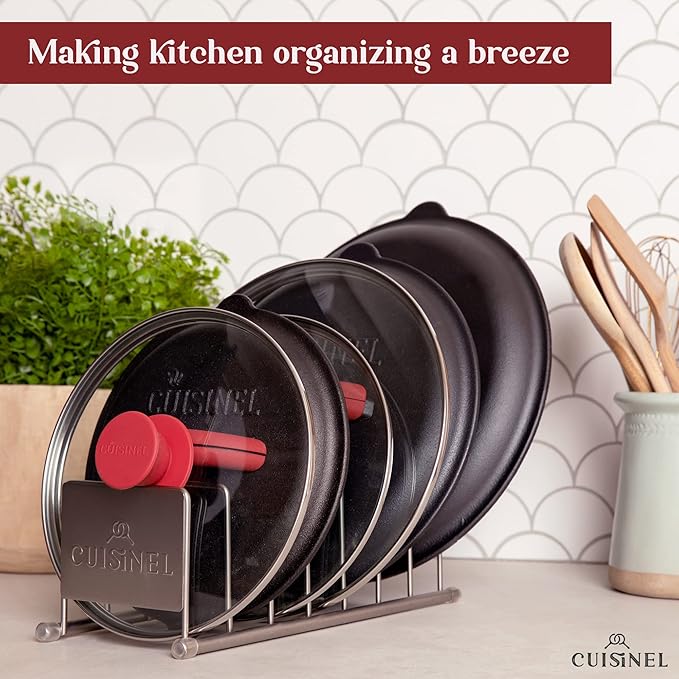 Cuisinel Pot Lid and Dish Organizer Rack - Satin Nickel Kitchen Storage/Organization Stand - 7-Tier Cabinet/Counter, Cookware, Pots and Pan Lids/Covers, Cutting Board Holder Organizer