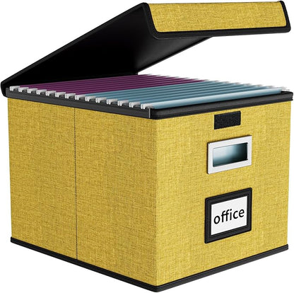 Huolewa File Organizer Box with Lid, Collapsible File Folder Organizer for Office Document Storage, Filing Box with Plastic Slide for Letter Size Hanging Files(1 Pack, Yellow)