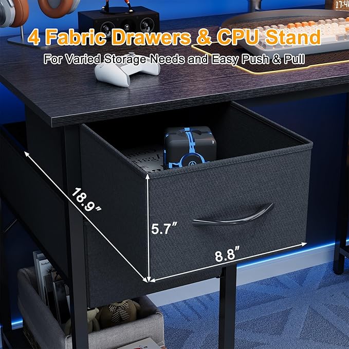 Grandder Computer Desk with 4 Drawers, 47 Inch Office Desk with Storage, Gaming Desk with CPU Shelves, Writing Desk Work Desk for Home Office, Study, Bedroom, Work from Home, Black