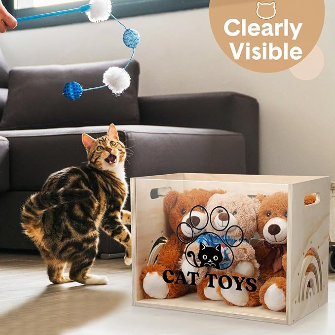 Large Cat Toy Basket Cat Toy Box Wooden Storage Bin with Acrylic Board Storage Box for Puppy Toys Pet Food and Accessories Organizer Holder Basket for Living Room Area(Wood, Cat)