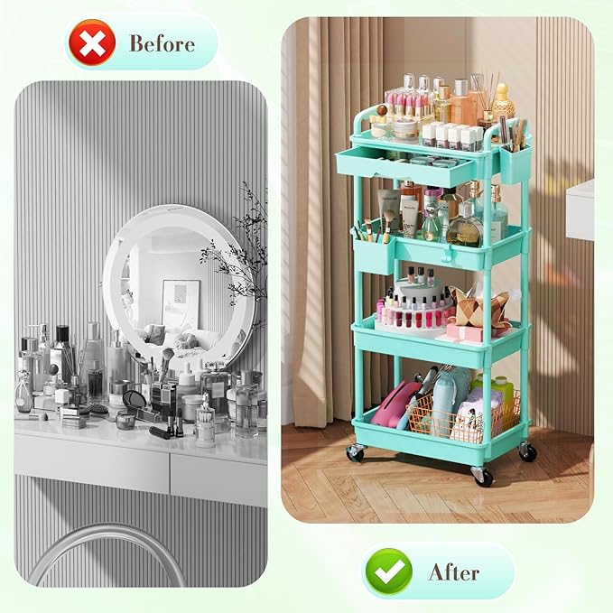 Makeup Cart Organizer with Drawers, 4 Tier Floor Skincare Organizers for Vanity, Rolling Makeup Bathroom Storage Cart Cosmetics Display Cases for Skin Care Perfume Nail Polish, Blue