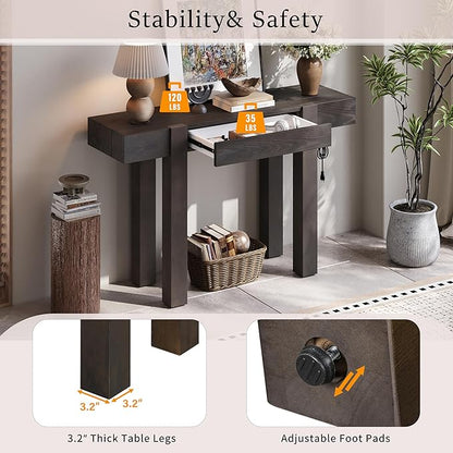 47.2" Rustic Minimalist Console Table with Hidden Drawer,Side Power Outlet,Wood Entryway Table for Entryways,Living Room,Home Office,Espresso