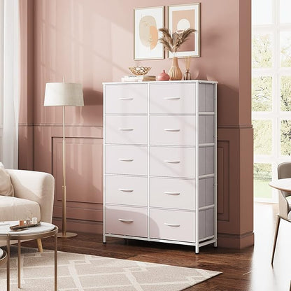 WLIVE Fabric Dresser for Bedroom with 10 Drawers, Tall Chest of Drawers, White Dressers Bedroom Furniture, Dresser for Closet, Hallway, Living Room, Entryway