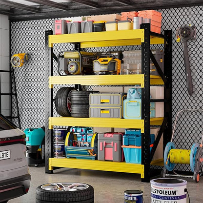48" W Garage Storage Shelves, 3000LBS Garage Shelving Heavy Duty Adjustable Shelving Unit, 4 Tier Metal Utitly Shelves Industrial Shelving for Warehouses,Basement,Black Yellow