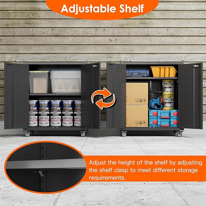 31.5" H Garage Storage Cabinet with Wheels, Lockable Small Metal Storage Cabinet with Doors and Shelf, Pegboard and 4 Hooks for Garage, Home, Workshops, Assembly Required, Black