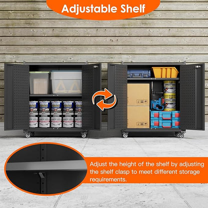 31.5" H Garage Storage Cabinet with Wheels, Lockable Small Metal Storage Cabinet with Doors and Shelf, Pegboard and 4 Hooks for Garage, Home, Workshops, Assembly Required, Black