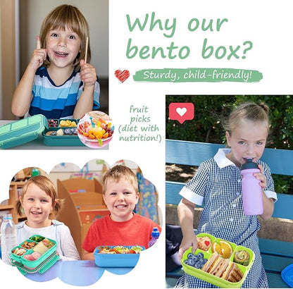 QQKO Bento Box for Kids Adults, School Toddler Lunch Box for Boys Girls, Lunch Box Containers with 4 Compartments, Sauce Container, Utensils, Food Picks and Muffin Cups for School, Green