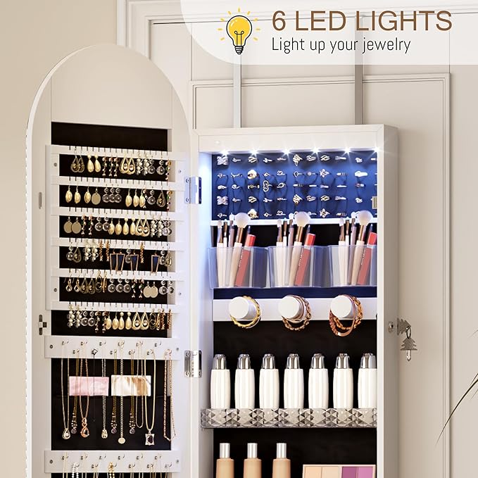 LVSOMT Wall Mounted Jewelry Organizer Lockable, 43"x16" Door Hanging Arched Mirror with Lights and Jewelry Storage, 6 LEDs Jewelry Cabinet (White)