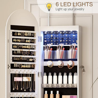 LVSOMT Wall Mounted Jewelry Organizer Lockable, 43"x16" Door Hanging Arched Mirror with Lights and Jewelry Storage, 6 LEDs Jewelry Cabinet (White)