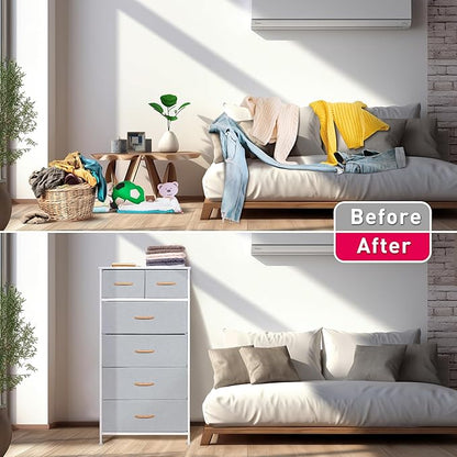 Mifuro Tall Dresser for Bedroom, Vertical Storage Organizer Tower with 6 Drawers, Chest of Drawers with Fabric Bins, Steel Frame, Wood Top for Bedroom, Closet, Entryway- Light Grey