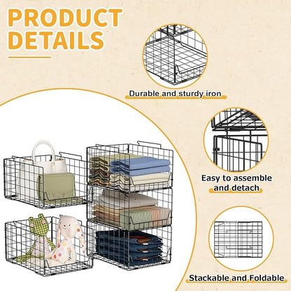 5-Tier Stackable Closet Organizer Shelf – Foldable Metal Storage Bins for Clothes, Sweaters & Towels | Stylish Black Wire Baskets for Bedroom, Wardrobe, Dorm or Entryway