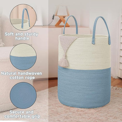 Large Woven Laundry Basket Hamper,60L Cotton Rope Storage Bin for Blankets,Toys and Clothes,Decorative Tall Nursery Hamper for Living Room,Baby Nursery,Bathroom and Bedroom,White and Blue