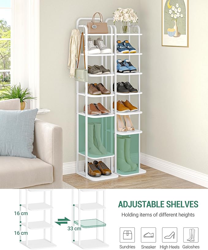 8 Tiers Vertical Shoe Rack, Narrow Shoe Tower, Tall Shoes Shelf with 2 Hooks, Adjustable Shelves, Corner Shoes Shelves for Small Spaces, Entryway, Living Room, White SR04313W