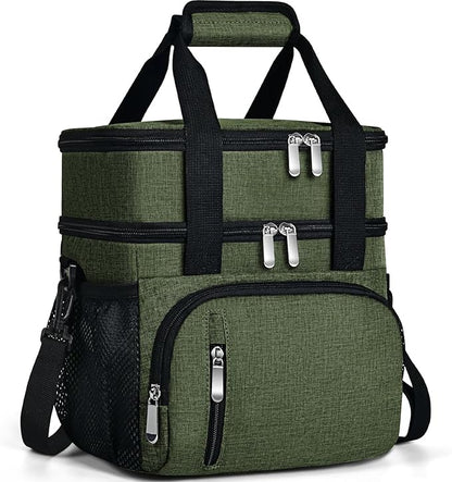 Insulated Lunch Bag for Men & Women, Double Leakproof Lunch Box Soft Cooler Tote with 5 Pockets, 600D Oxford, EVA Lining, Adjustable Strap for Work, Picnic, Beach&Travel-Army Green