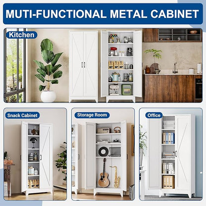 White Tall Farmhouse Metal Pantry Linen Storage Cabinet and Organizers - Cupboard 75" H x31.5 W x15.7 D Rustic Hutch Cabinet Bookcase with Doors and Adjustable Shelves for Home Office