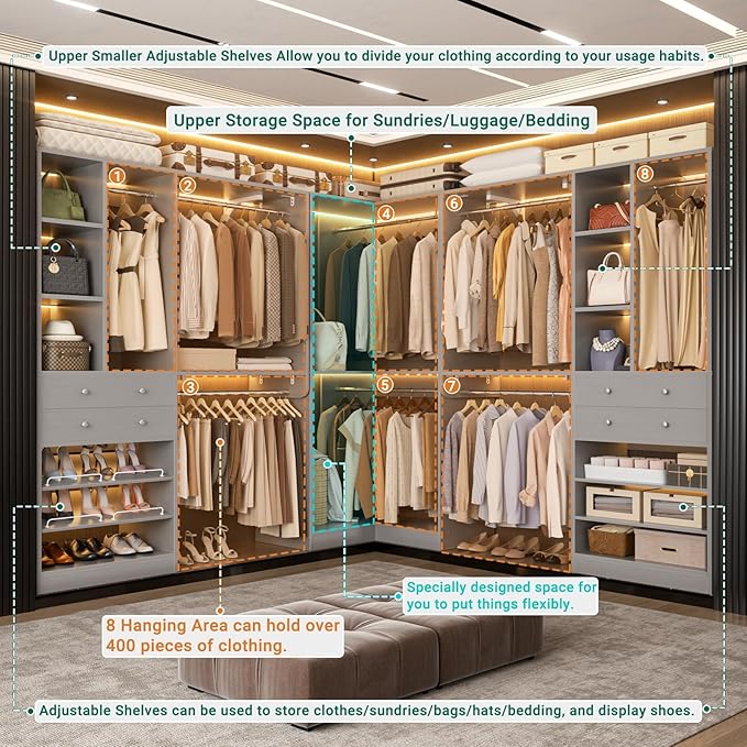 Closet System (Set of 3) with 4 Drawers, 8 Hanging Robs, 91.5"/151" Closet Organizer System with Corner Tower, Reversible Walk-in Closet System Corner Closet System, Morandi Grey