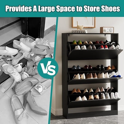Shoe Storage Cabinet for Entryway with 3 Flip Drawers, Sturdy Wood Hidden Shoe Storage, Freestanding Narrow Slim Shoe Organizer for Front Door Entrance, Living Room, Hallway, Bedroom, Black