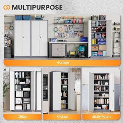 Metal Garage Storage Cabinets with Lock, 71" Tall Tool Cabinet with 2 Door and 5 Adjustable Shelves, Locking Garage Cabinets and Lockable Steel Locker for Home Office Warehouse-(Gray White-71”H)