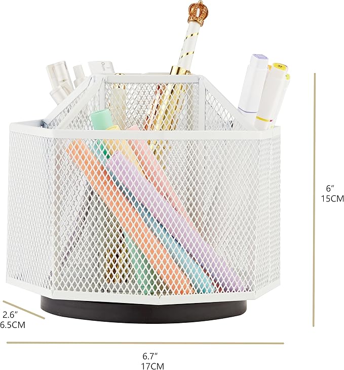 Annova Mesh Desk Organizer Rotate with 5 Compartments Spinning Tidy Candy/Pen Holder Office, Art Supply, Storage, Classroom, Home (White)