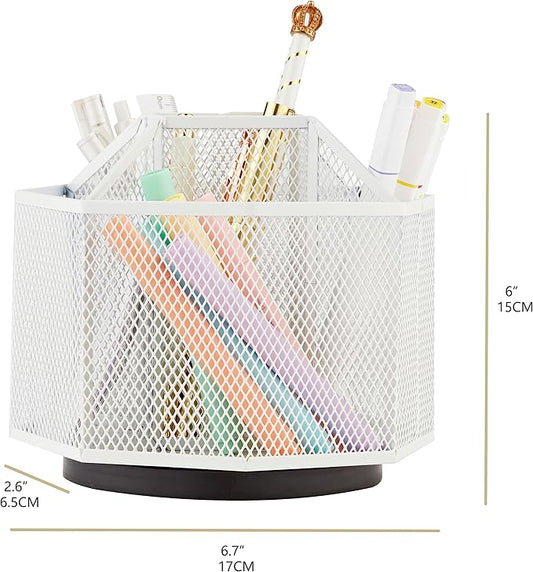 Annova Mesh Desk Organizer Rotate with 5 Compartments Spinning Tidy Candy/Pen Holder Office, Art Supply, Storage, Classroom, Home (White)