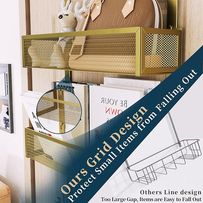 Consumest Over The Door Hooks Organizer - Extra Long Door Hanger with 9 Coat Hooks & 2 Mesh Basket, Back Storage Organizer Hanging Towels for Bathroom, Bedroom, Gold (for 1.76 in Doors)