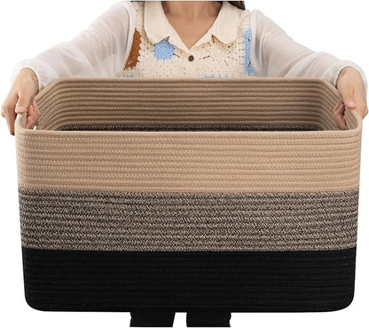 OIAHOMY Large Blanket Basket, 22”x17”x12” Rectangle Woven Baskets, Nursery Blanket Storage Living Room, Toy Storage With Handle, Large Baskets for Organizing-Yellow Black