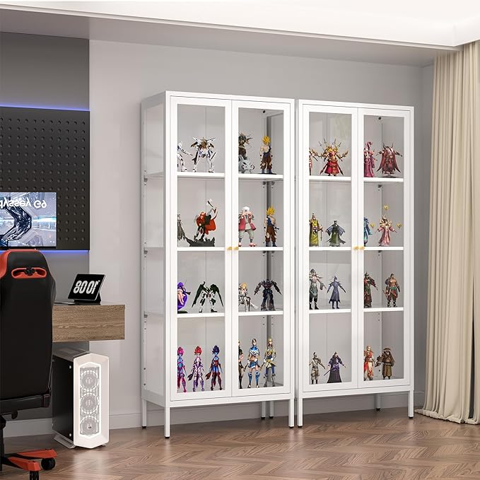 Glass Display Cabinet with Glass Doors, White Curio Cabinet with 3 Side Tempered Glass, 66" Tall Bookcase Display Case for Collectibles, Metal Storage Cabinet for Living Room, Assemble Required