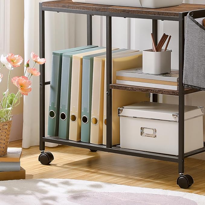 Printer Stand with Storage Bag, 3-Tier Mobile Under Desk Printer Cart with Wheels, Wood Rolling Printer Table, Organizer Shelf for Study, Office, Living Room, Rustic Brown PTHR2201