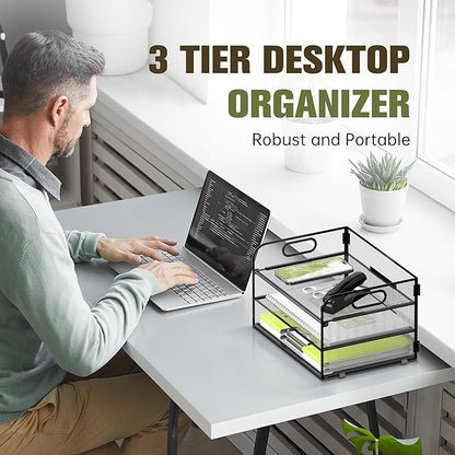 Daltack 3-Tier Paper Organizer with Handle, Mesh Desk Organizer Letter Tray, Paper Tray Organizer File Organizer for A4 File Folder, Black