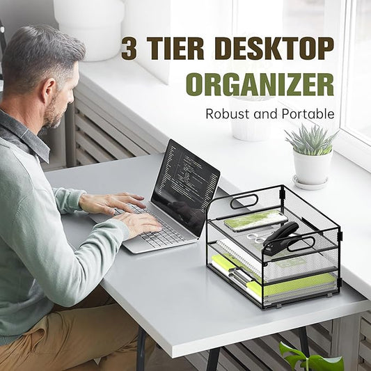 Daltack 3-Tier Paper Organizer with Handle, Mesh Desk Organizer Letter Tray, Paper Tray Organizer File Organizer for A4 File Folder, Black