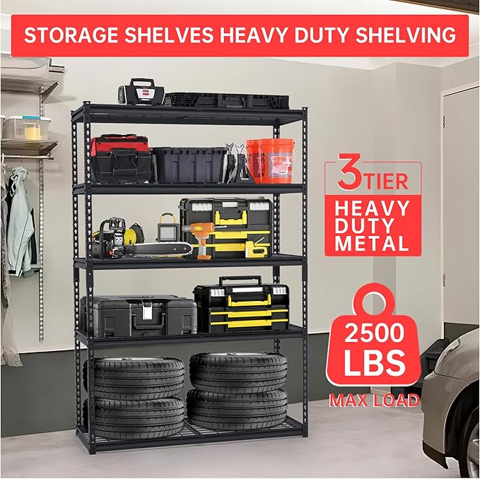 48" Heavy Duty Garage Shelving Unit, Adjustable 5-Tier Metal Storage Rack, Freestanding Utility Shelf, 48"w x 18"d x 72"h