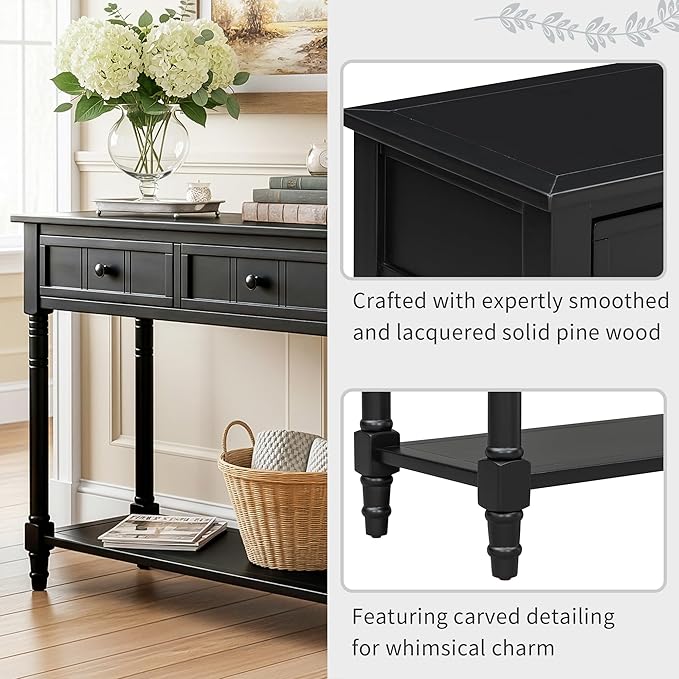 35.34" Console Table Traditional Design with Two Drawers and Bottom Shelf,Black