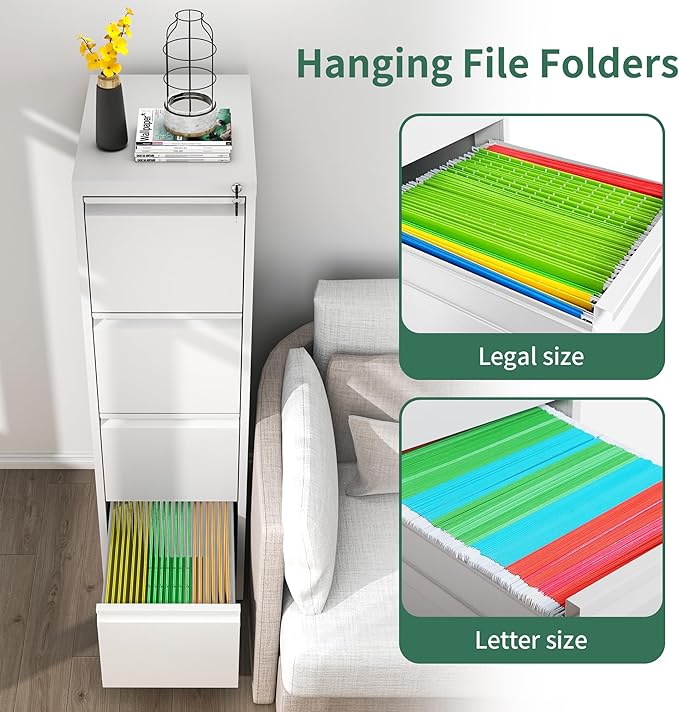 4 Drawer File Cabinet, Vertical File Cabinets with Lock for Home Office,Heavy Duty Office Steel Filing Cabinet for Hanging Letters/Legal/A4, Assembly Required (White)