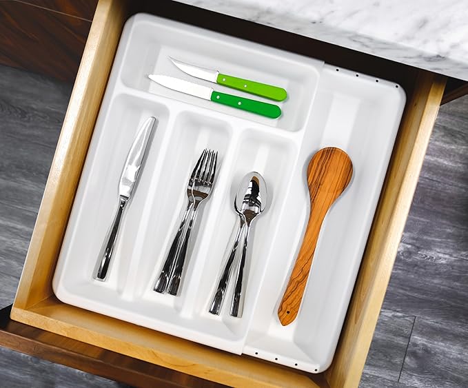 madesmart Expanding Silverware Tray, 5 Compartment Flatware Organizer for Forks, Knives & Spoons, Durable Drawer Organizer, White