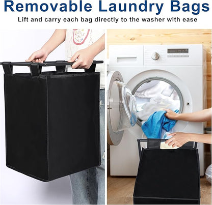 Whitmor Laundry Sorter, 92L Laundry Hamper with Shelf & 2 Removable Bags, 2 x 12.1 Gallons (46L), 28.8 x 13 x 28.4 Inches, Dirty Clothes Hamper Organizer for Laundry Room, Bathroom, Dorm, Black