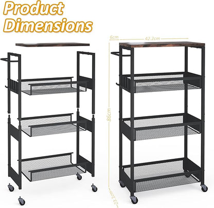 Slim Rolling Utility Cart, 4 Tier Metal Narrow Storage Cart with Handle and Wood Top, Multifunctional Small Mobile Shelf Unit Organizer Trolley for Laundry, Bathroom, Kitchen