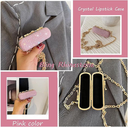 MIAO JIN Mini Crystal Lipstick Case Bling Rhinestone Cosmetic Storage bag with Metal chain Lipstick Storage Holder Makeup jewelry case（Pink）