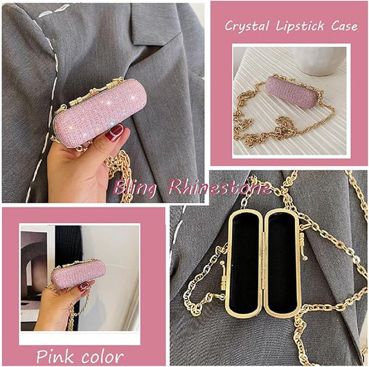 MIAO JIN Mini Crystal Lipstick Case Bling Rhinestone Cosmetic Storage bag with Metal chain Lipstick Storage Holder Makeup jewelry case（Pink）