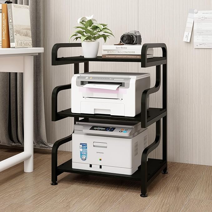 Natwind 3-Tier Printer Stand with Wheels Movable Storage Cart Floor-Standing Multi-Purpose Shelf Rack for Media Player Scanner Files Books Microwave Oven in Kitchen Living Room Home Office (Black)
