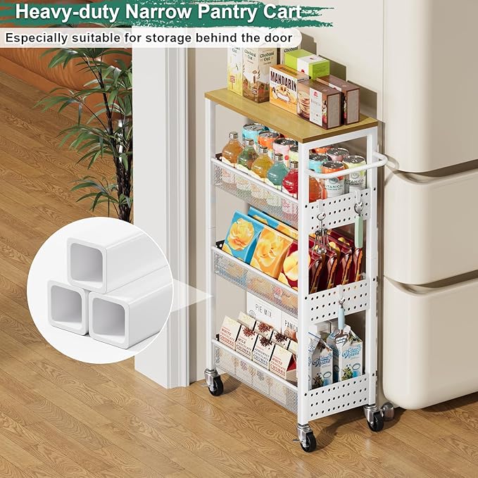 Utility Slim Storage Cart, 4-Tier Narrow Bathroom Organizers and Storage Cart, Narrow Metal Kitchen Laundry Room Organization Shelf with Wood Top, Slim Rolling Carts with Wheels for Small Space