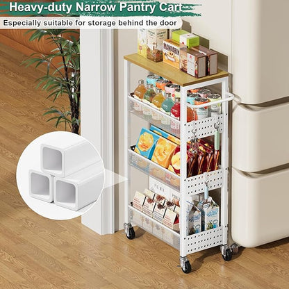 Utility Slim Storage Cart, 4-Tier Narrow Bathroom Organizers and Storage Cart, Narrow Metal Kitchen Laundry Room Organization Shelf with Wood Top, Slim Rolling Carts with Wheels for Small Space