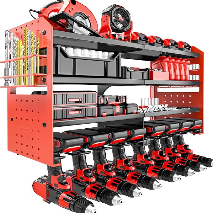 Power Tool Organizer Wall Mount, Metal Power Tool Storage Rack with Screwdriver Holder, Garage Tool Storage Shelves with Screwdriver Holder Plier Holder (Red, 8 Drills Holder)