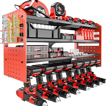 Power Tool Organizer Wall Mount, Metal Power Tool Storage Rack with Screwdriver Holder, Garage Tool Storage Shelves with Screwdriver Holder Plier Holder (Red, 8 Drills Holder)