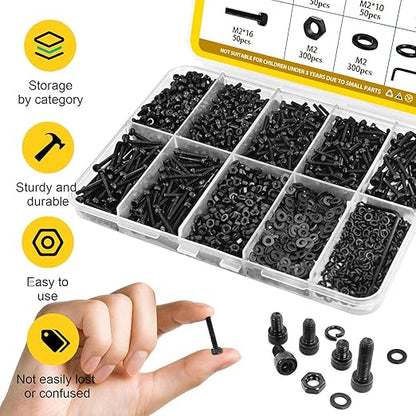 272PCS M5 Screws, Nuts and Washers Assortment kit, M5x8/10/12/16/20/25/30/35 mm Hex Socket Head Cap Bolts Assorted Set - 12.9 Alloy Steel, Black Zinc Plated Anti-Rust